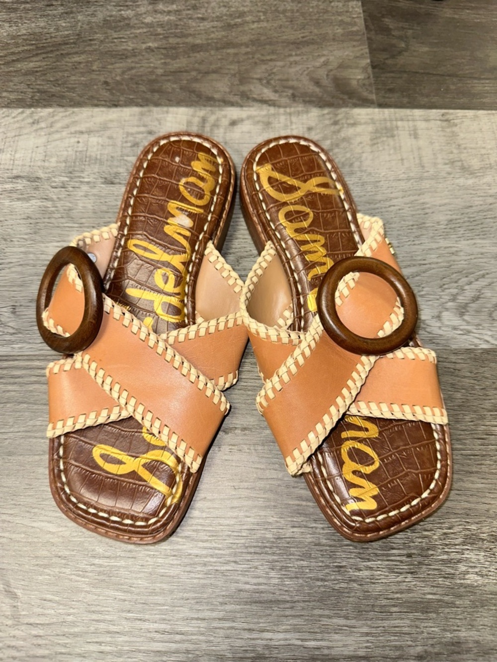 Sam Edelman Leather Slide Sandals Brown Tan Wooden Ring Slip On Women’s Size 5